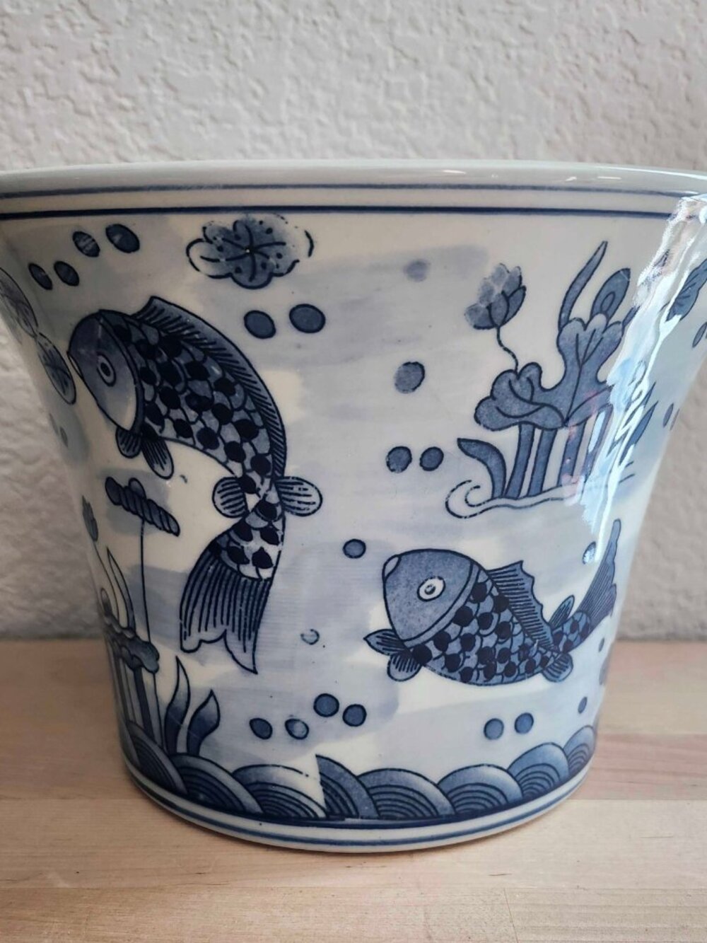 Vintage Blue & White Koi Fish Porcelain Planter Cachepot Chinoiserie Jardiniere